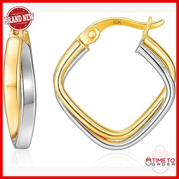 10K Gold Hoop Earrings 12mm Hypoallergenic Two-Tone Post Setting